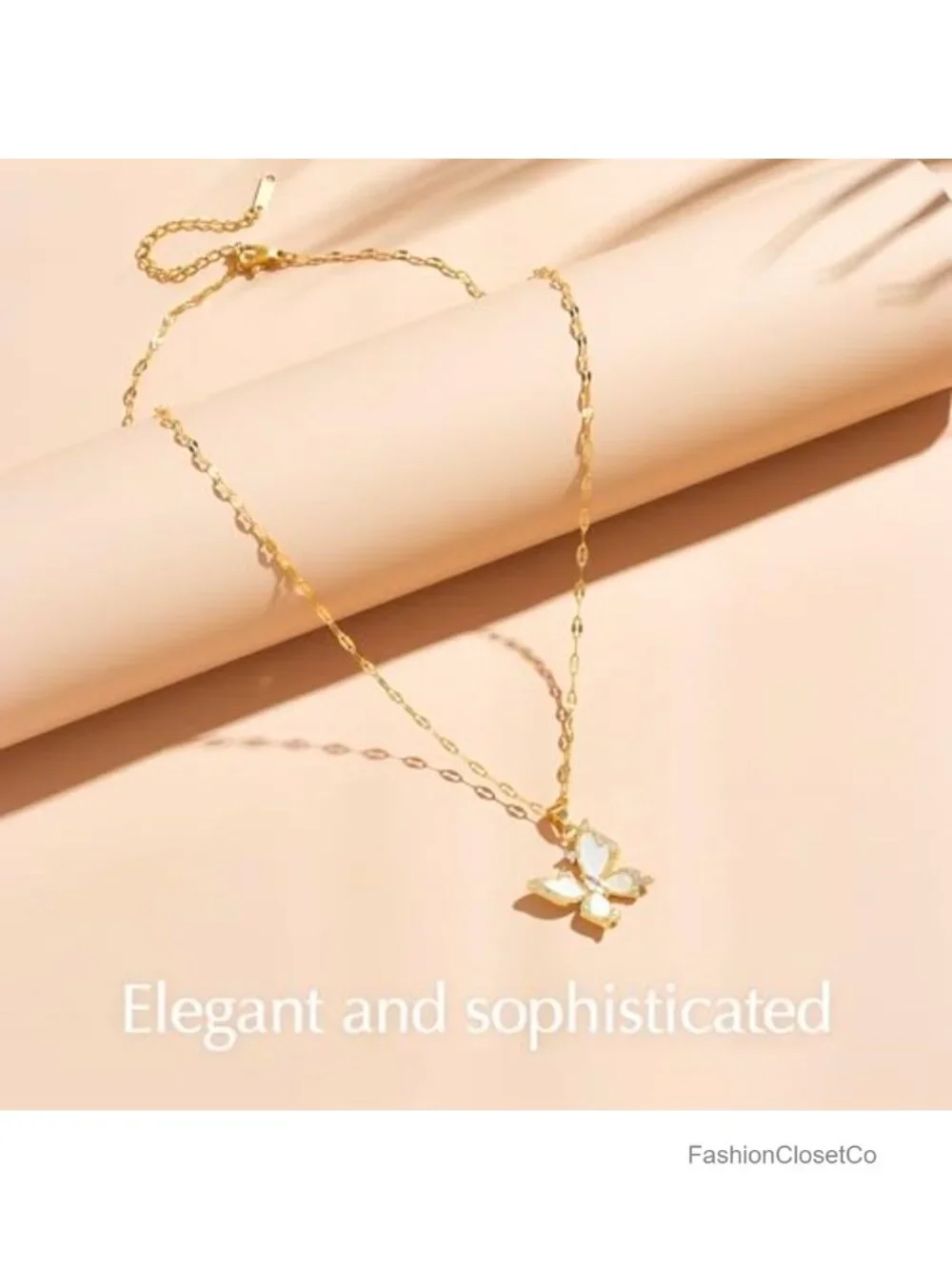 Stainless Steel Butterfly Pendant Necklace Adjustable Chain Cubic Zirconia Gold